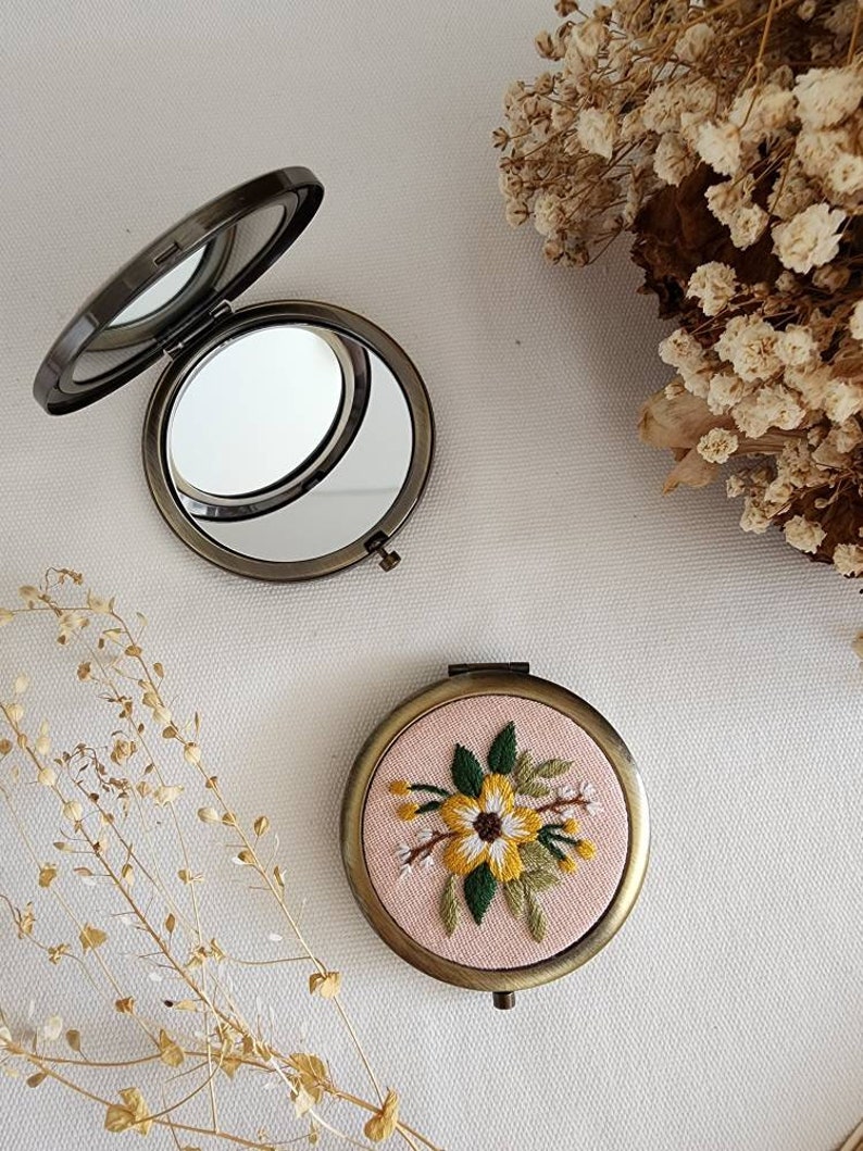 Floral Embroidered Compact Mirror, Vintage Makeup Mirror, Gift For Her, Aesthetic Bridesmaid Gift, Bridesmaid Compact Mirror, Collection 1 image 9