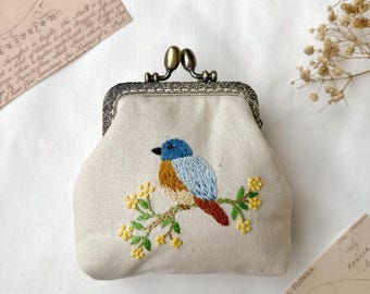 Bird Embroidered Denim Coin Purse, Small Change Pouch With Flower Embroidery, Handmade Vintage Women's Coin Purse, Gift For Her