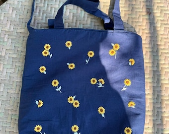 Hand Embroidered Sunflower Linen Bag, Cute Small Sunflower Embroidery Market Bag, Eco Friendly Grocery Bag, Aesthetic Bag, Handmade Tote Bag