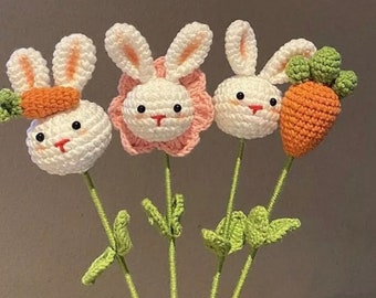 Conejito amigurumi de crochet, ramo de flores de crochet, decoración del hogar, regalo para bebé