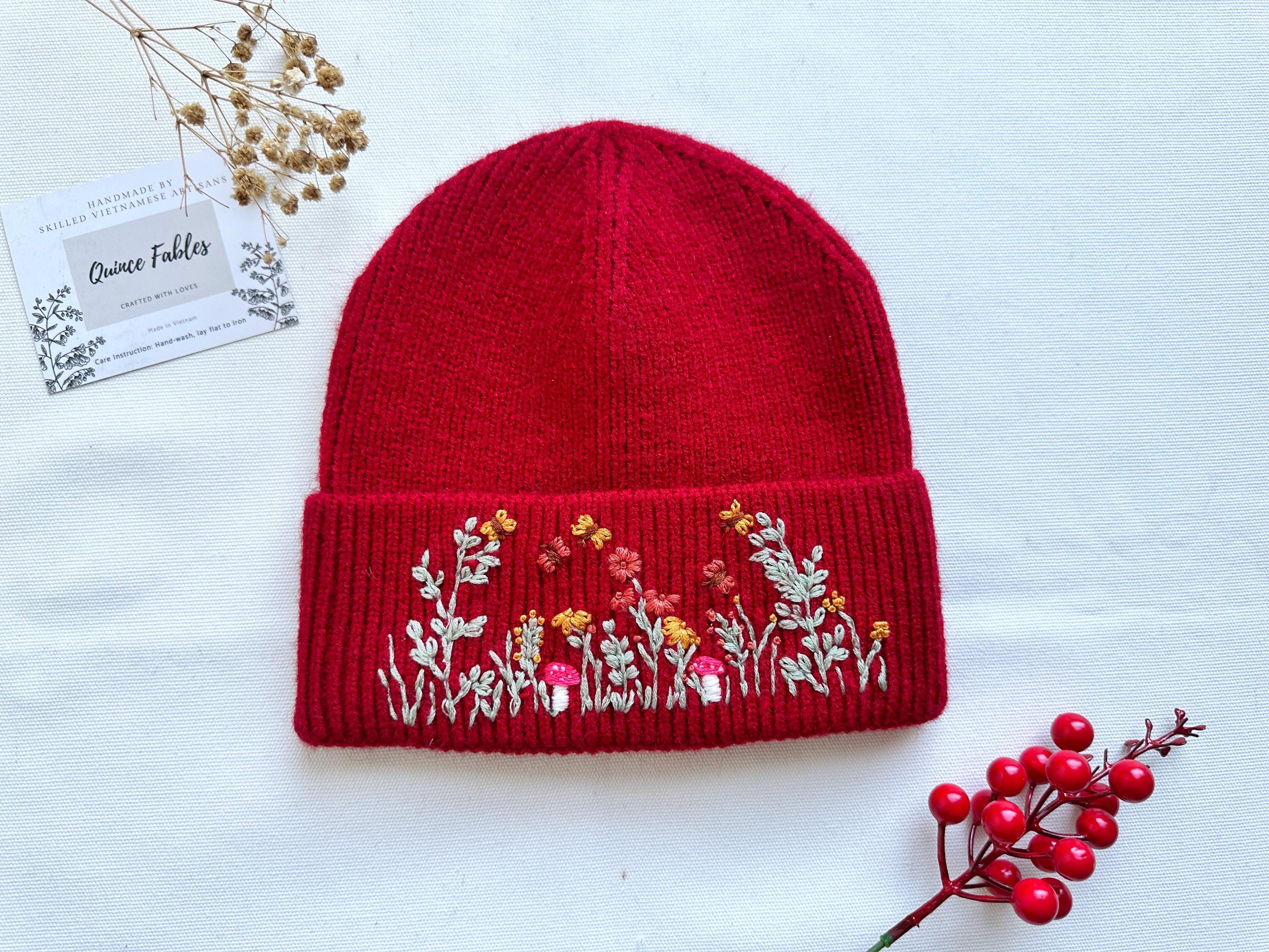 Hand-embroidered Beanie Hat With Mushroom Sunflower Roses 