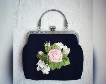 Ribbon Hand-Embroidered Rose Clutch Bag, Classy Sophisticated Elegant Timeless Evening Clutches