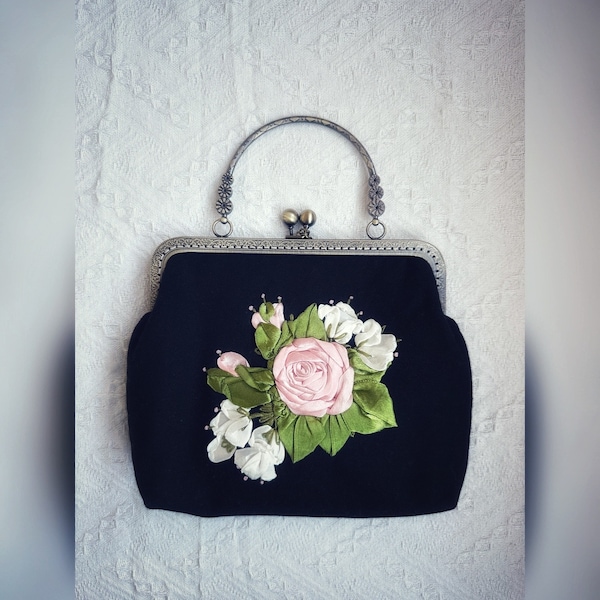 Ribbon Hand-Embroidered Rose Clutch Bag, Classy Sophisticated Elegant Timeless Evening Clutches