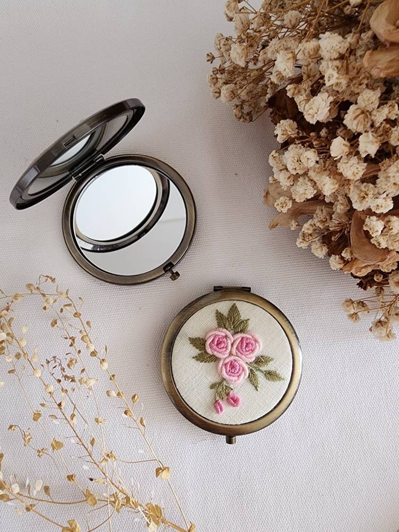 Floral Embroidered Compact Mirror, Vintage Makeup Mirror, Gift For Her, Aesthetic Bridesmaid Gift, Bridesmaid Compact Mirror, Collection 1 image 10