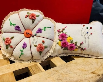 Pink Roses Embroidered Pin Cushion Handmade, Rectangle Pumpkin Pincushion, Pin Accessory, Pin Keeper, Sewing Room Decor, Gift for Her