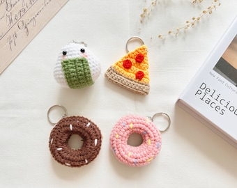 Porte-clés nourriture au crochet fait main, donut pizza boules de riz onigiri, breloque de sac mignon, porte-clé amigurumi