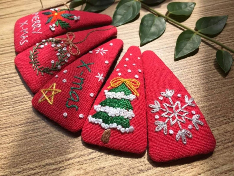 Christmas Hair Clip Embroidery, Xmas Hair Barrette, Cute Handmade Hair
