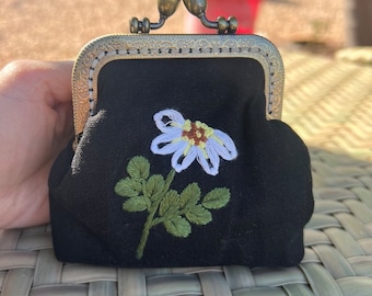 Floral Embroidered Denim Coin Purse, Small Change Pouch With Flower Embroidery, Handmade Vintage Women's Coin Purse, Gift For Her