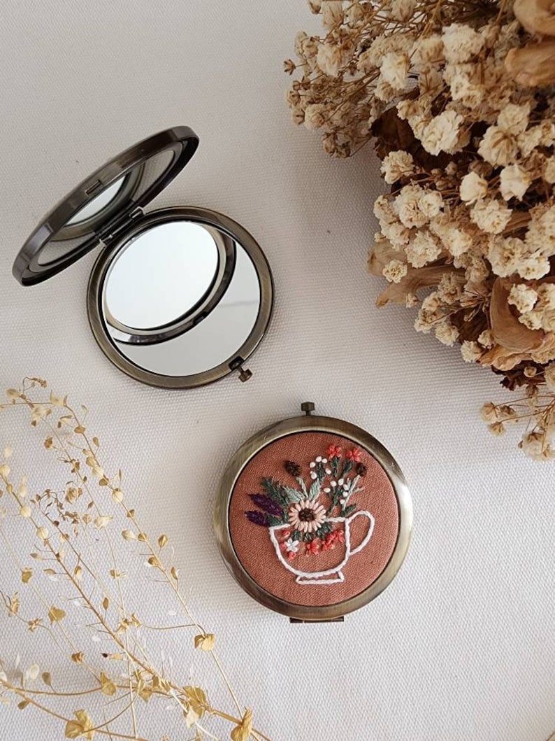 Floral Embroidered Compact Mirror, Vintage Makeup Mirror, Gift For Her, Aesthetic Bridesmaid Gift, Bridesmaid Compact Mirror, Collection 1 image 6