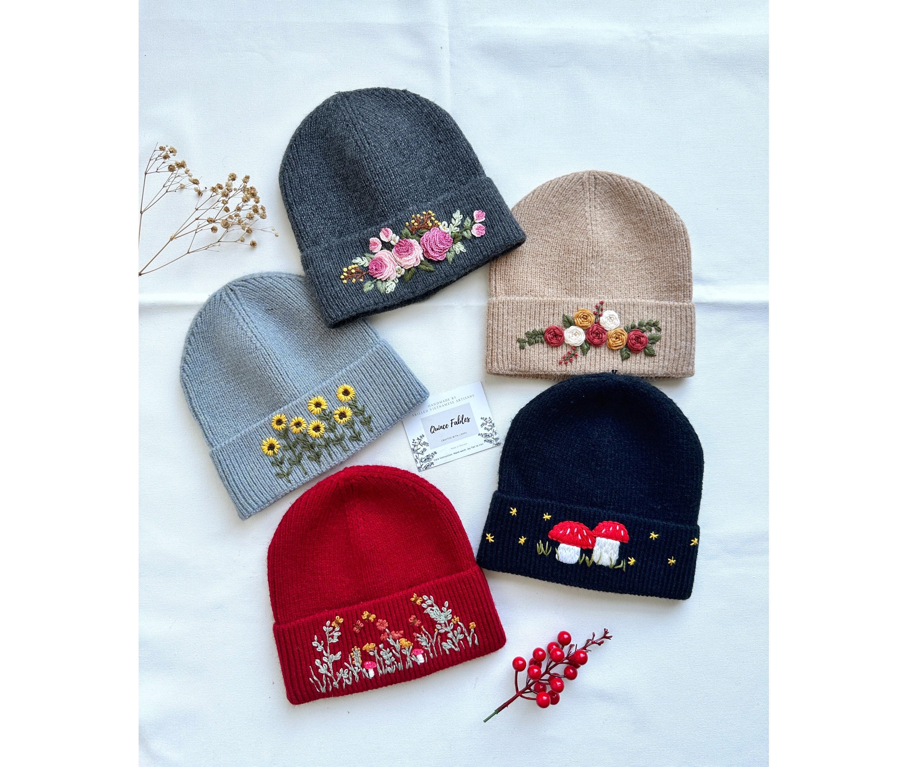 Hand-embroidered Beanie Hat With Mushroom Sunflower Roses