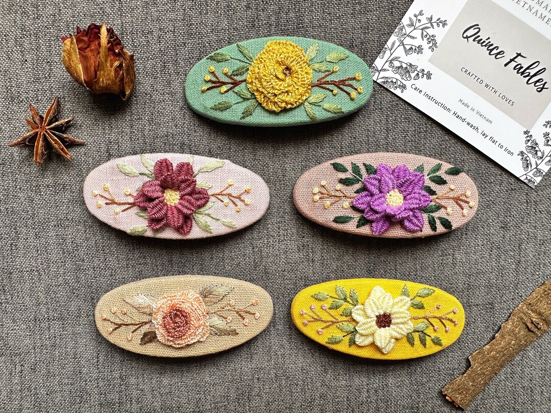 3D Floral Embroidered Back Hair Barrettes for Women & Girl, Embroidered ...