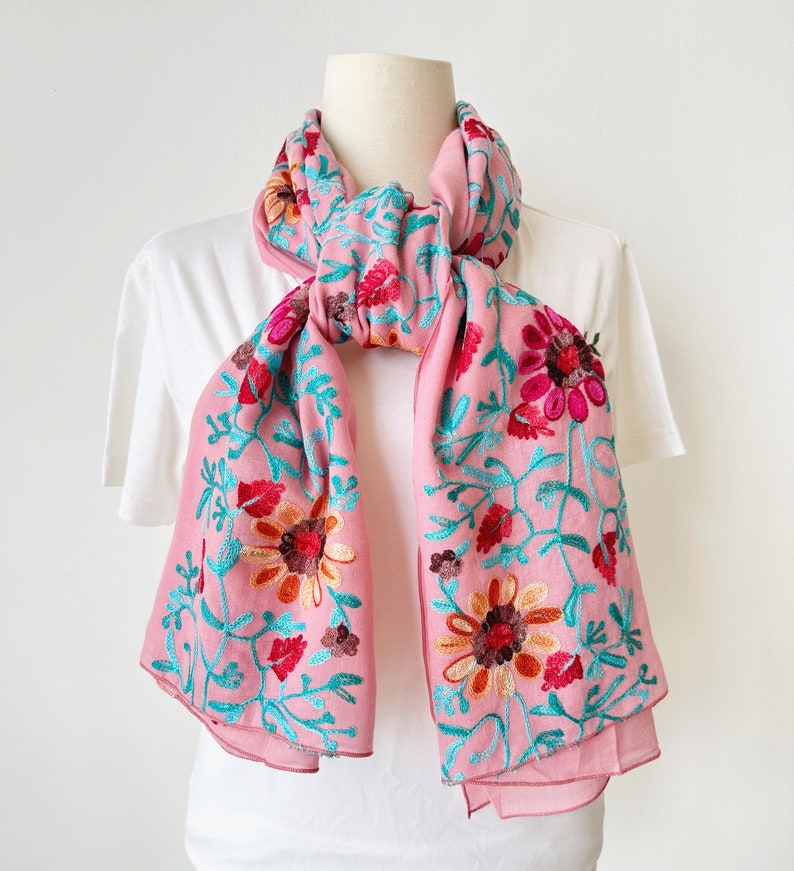 Light Pink Floral Embroidered Scarf, Elegant Lightweight Breathable Scarf, Ethnic Bohemian Gypsy Boho Scarf image 1