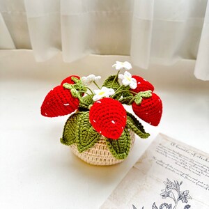 May include: A crocheted strawberry plant with red strawberries and white flowers in a crocheted pot.