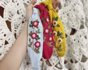 Embroidered Narrow Headband - Floral Tangerine