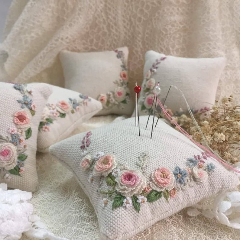 Roses Flower Embroidered Pin Cushion Handmade Square Etsy
