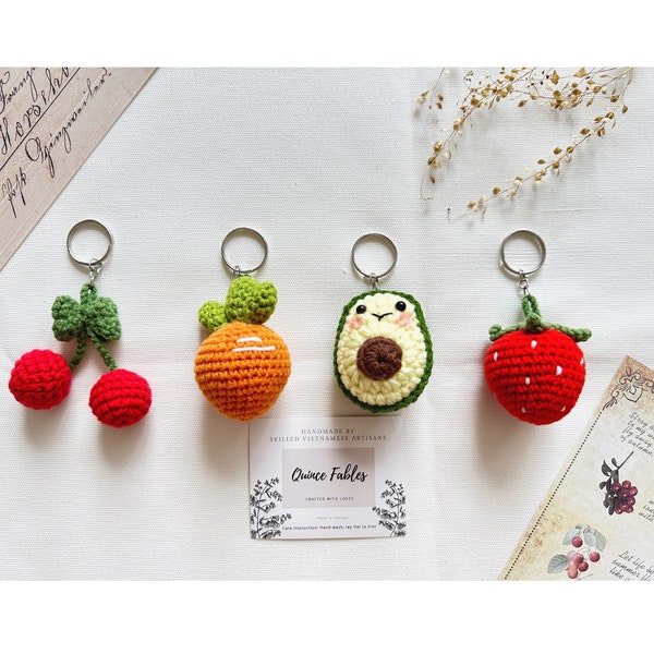 Handmade Crochet Fruit Keychain, Cherry Carrot Avocado Strawberry Keyring, Cute Bag Charm, Amigurumi Keychain