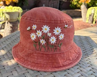 Flower Garden Embroidered Bucket Hat, Floral Bucket Hat, Handmade Summer Hat, Cottagecore Hat, Lightweight Travel Hat