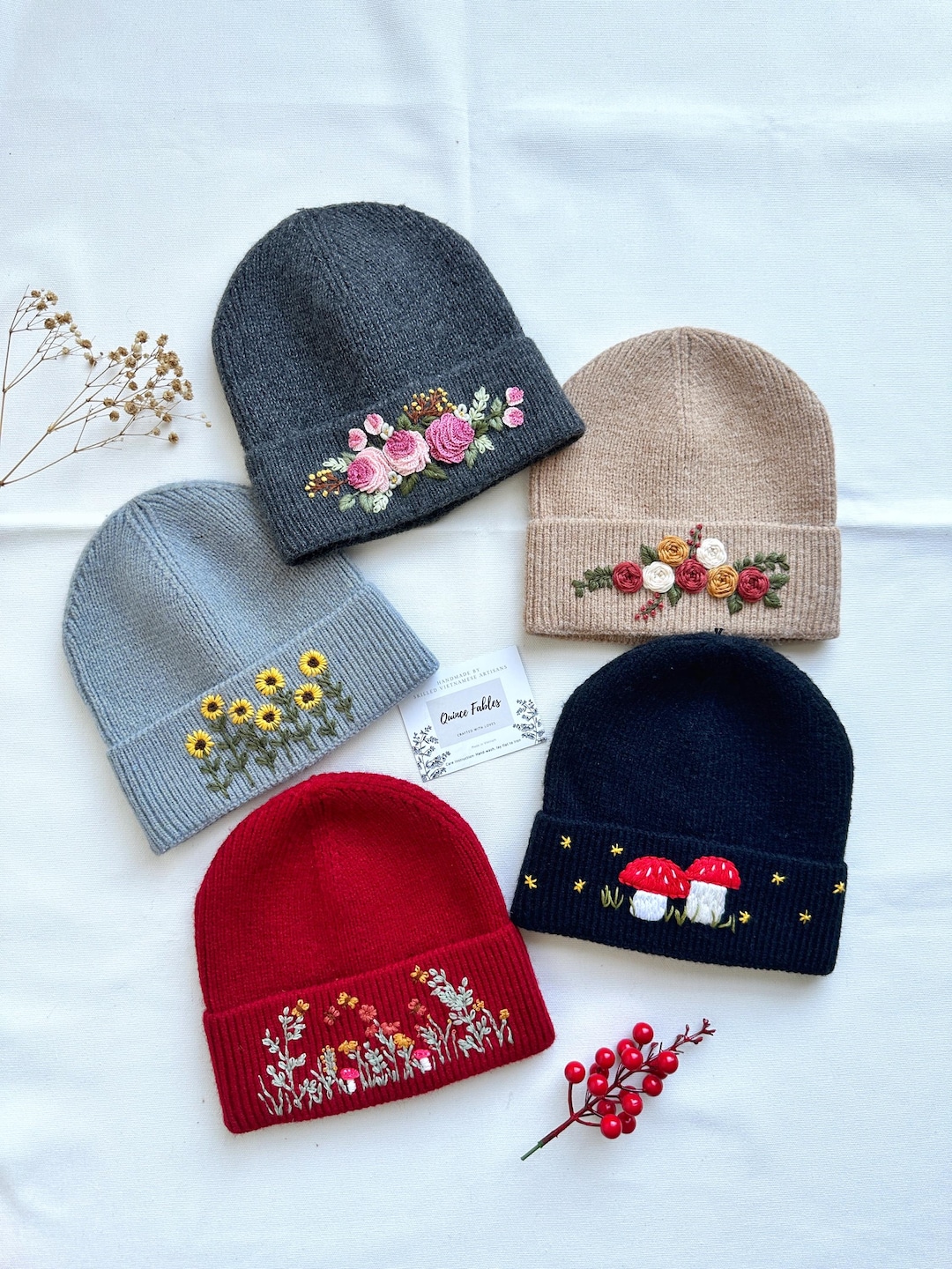 Hand-embroidered Beanie Hat With Mushroom Sunflower Roses