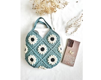 Hand-Crochet Daisy Mini Tote Bag, Cute Crochet Granny Square Bag, Eco Friendly Aesthetic Bag, Handmade Bucket Bag, Blue Bag