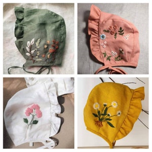 Hand bestickt Baby Sun Bonnet, Vintage Baby Sommer Sonnenhut, niedliches Baby-Dusche-Geschenk, Floral Leinen Motorhaube, Baby Girl Motorhaube