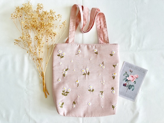 Aesthetic Handmade Fabric Bags Floral Embroidery Tote Bag, Canvas