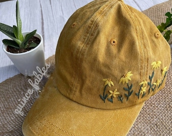 Daisy Garden Embroidered Baseball Cap, Hand Embroidered Flower Hat, Custom Embroidered Hat, Summer Cap, Gift For Her