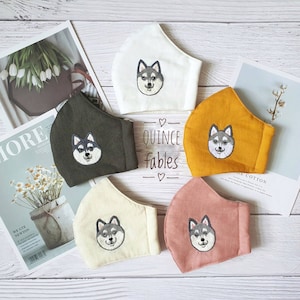 ハスキー犬刺繍マスク、刺繍リネンマスク、手作り、快適で再利用可能なマスク M64