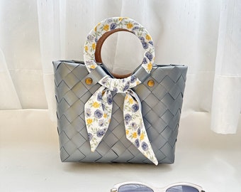 Gray Woven Plastic Mini Tote Bag With Silk Scarf, Recycled Plastic Clutch, Aesthetic Bag, Cute Mini Tote