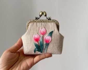 Porte-monnaie en denim brodé de tulipes, petite pochette pour la monnaie avec broderie de fleurs, porte-monnaie vintage pour femme fait main, cadeau pour elle