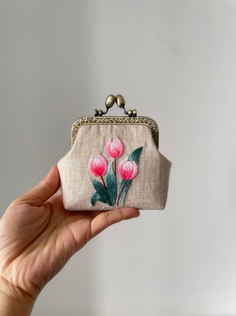 Tulip Embroidered Denim Coin Purse, Small Change Pouch With Flower Embroidery, Handmade Vintage Women's Coin Purse, Gift For Her image 1
