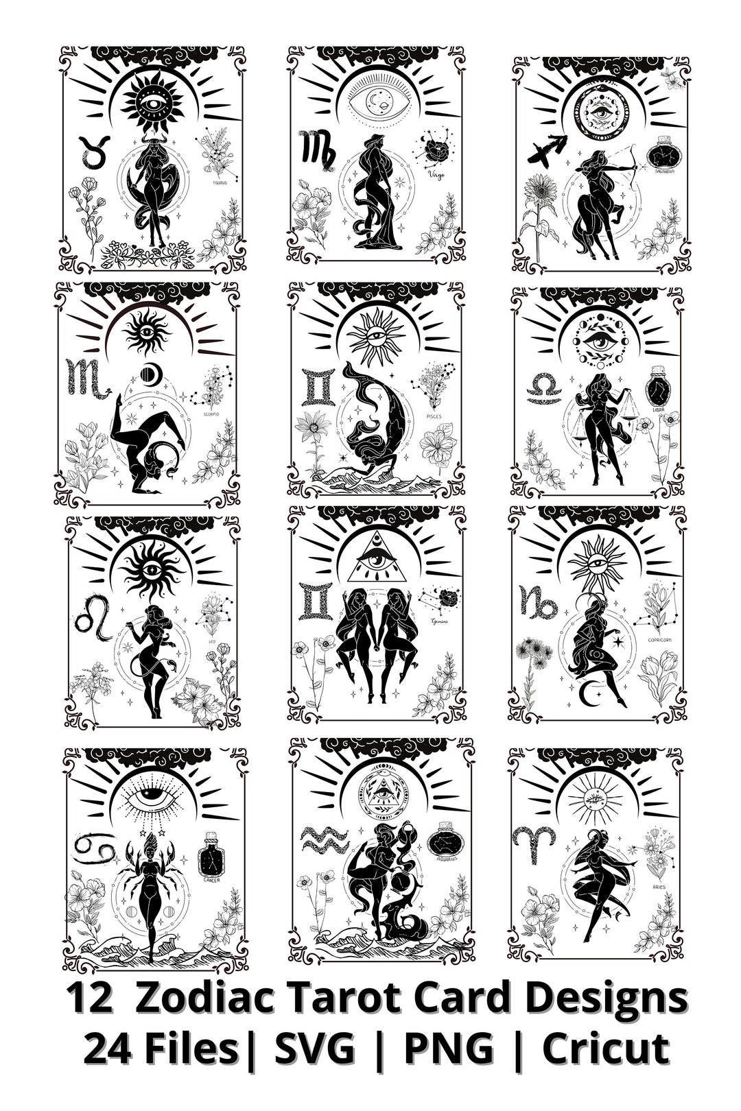 12 Zodiac Tarot Card Digital Svg, Zodiac Signs SVG, Horoscope Svg Png, SVG Bundle, Unique