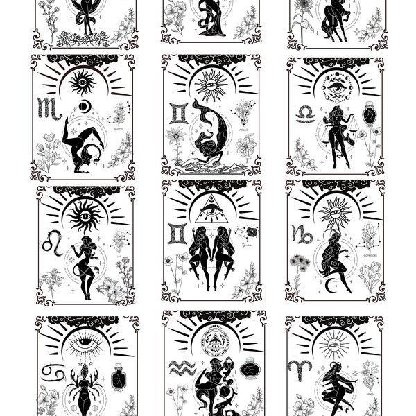 12 Zodiac Tarot Card Digital svg, Zodiac Signs SVG, Horoscope svg png, SVG Bundle, Unique Apparel Graphics, Mug, T-Shirt, SVG Awesome Design