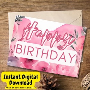 Cartão de aniversário com estampa floral em aquarela rosa