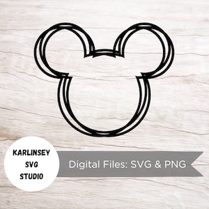 May include: Black and white outline of Mickey Mouse's head with three layers of outlines. The image is on a woodgrain background. Digital Files: SVG & PNG
