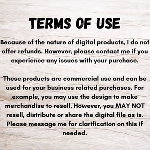 Op de afbeelding: Tekst op een houtnerf achtergrond die de gebruiksvoorwaarden voor digitale producten beschrijft. De tekst stelt dat er geen restituties worden aangeboden, maar dat klanten contact kunnen opnemen met de verkoper voor problemen met hun aankoop. De tekst stelt ook dat de producten voor commercieel gebruik zijn en kunnen worden gebruikt voor zakelijke aankopen, maar dat het digitale bestand niet mag worden doorverkocht, gedistribueerd of gedeeld.