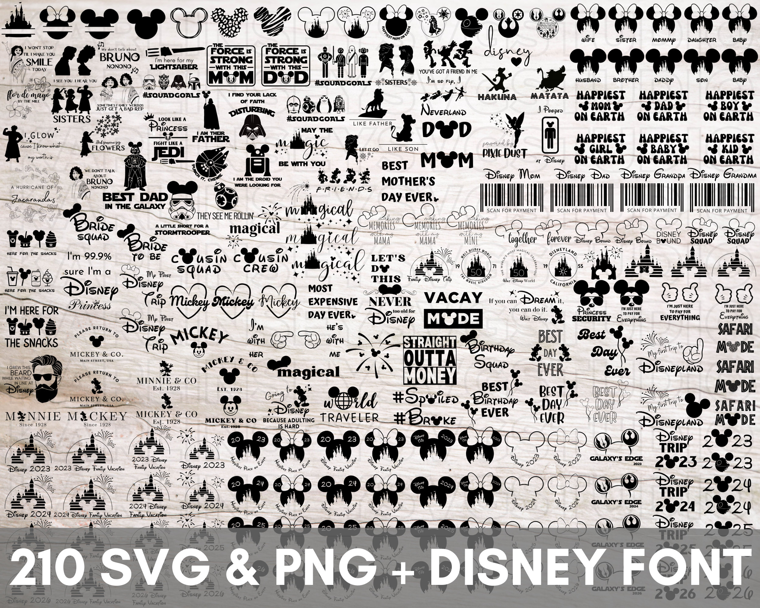 210 SVG, PNG, Best Seller Bundle, 2023, 2024, 2025, 2026, Mouse Font ttf file, Mickey, Minnie, silhouette, cricut, vinyl cut files, digital