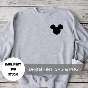 May include: Gray sweatshirt with a black Mickey Mouse silhouette on the front. The text "KARLINSEY SVG STUDIO" is on a white circle on the bottom left of the sweatshirt. The text "Digital Files: SVG & PNG" is on the bottom right of the sweatshirt.
