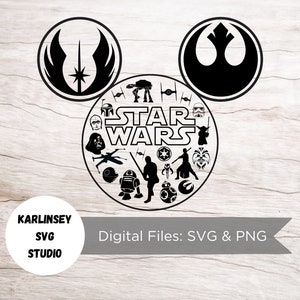 May include: Black and white silhouette design of the Star Wars logo with various characters from the franchise, including Darth Vader, Yoda, R2-D2, and Chewbacca. The design is in the shape of Mickey Mouse ears with the Rebel Alliance symbol on the right ear and the Jedi Order symbol on the left ear.