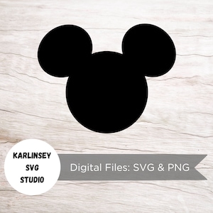 May include: Black silhouette of Mickey Mouse's head with large ears. Digital Files: SVG & PNG.