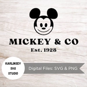 May include: Black and white digital design featuring Mickey Mouse's face with the text "MICKEY & CO Est. 1928" and the words "KARLINSEY SVG STUDIO" in a circle.