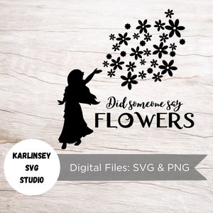 Può includere: Silhouette nera di una persona con i capelli lunghi, che soffia fiori a forma di cuore. Il testo "Did someone say FLOWERS" è sotto i fiori.
