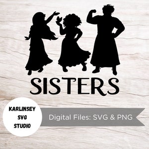 May include: Black silhouette of three sisters with the word "SISTERS" below. The image is on a woodgrain background.