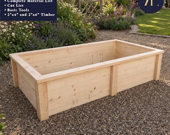 May include: A rectangular wooden raised garden bed made of light-colored timber. The bed is constructed with horizontal planks and vertical supports. The image includes text that says "BEGINNER BUILDS" and lists the inclusions: plans, material list, cut list, tools, and timber.