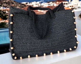 Black Crochet Raffia Tote Bag: Woven Summer Beach Shoulder Bag