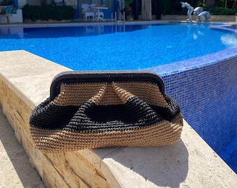 Handmade Raffia Crochet Clutch: Woven Beach Pouch Bag