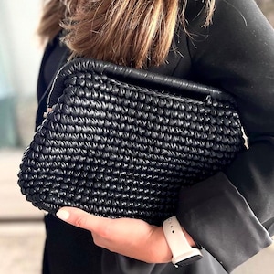 Black Metallic Leather Woven Pouch Clutch Bag | Top Handle Evening Wedding Bag | Gift For Her | Vegan Soft Leather