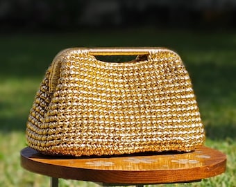 Bolso de mano de embrague de bolsa de cuero de rafia metálica tejida en oro / bolso de embrague de boda de noche / regalo para ella