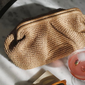 Crochet Raffia Pouch Clutch Hand Bag | Straw Beach Wedding Summer Dumpling Clutch Bag |  Handmade Gift