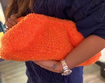 Orange Teddy Clutch Knitted Hand Bag | Handmade Faux Fur Pouch Large Bag | Girlfriend gift |