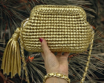 Cocktail Gold Purse for Luxury,Women,Metallic Raffia Evening Bag,Crochet Pouch Clutch,Xmas Gift for Wife,Bridal Party Gift,Birthday Present